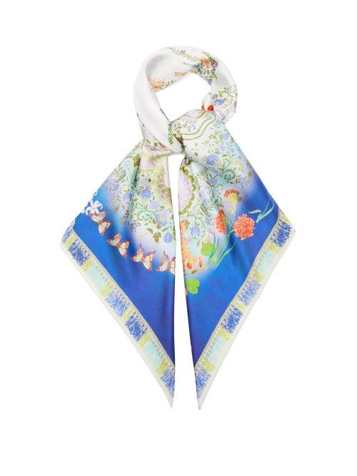 Ladies Accessories Etro - Jodhpur Flora And Fauna-print Silk-faille Scarf - Womens - Blue Multi