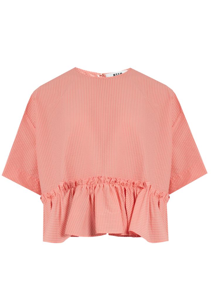 Msgm Gathered-hem Cotton-blend Seersucker Top