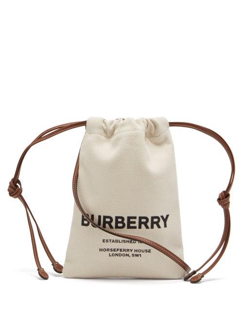 Matchesfashion.com Burberry - Logo-print Leather And Canvas Drawstring Pouch - Womens - Ivory Multi