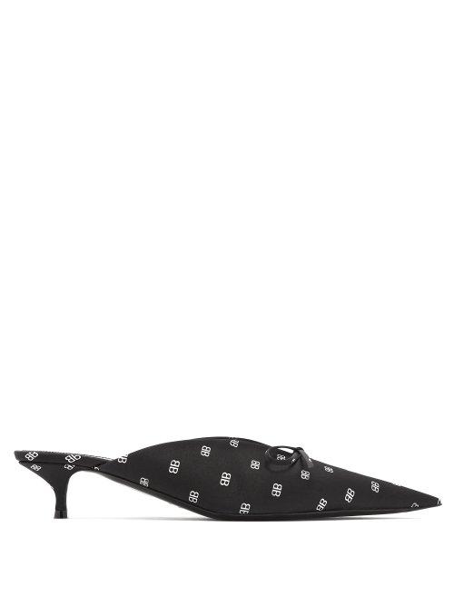 Matchesfashion.com Balenciaga - Knife Bb Print Satin Mules - Womens - Black