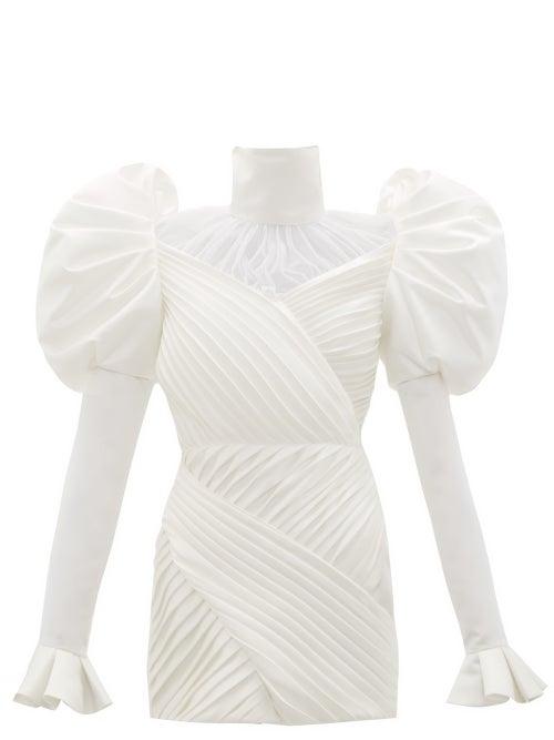 Matchesfashion.com Richard Quinn - Puff-shoulder Pleated-satin Mini Dress - Womens - Ivory