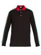 Matchesfashion.com Gucci - Logo Stripe Long Sleeved Cotton Blend Polo Shirt - Mens - Black Multi