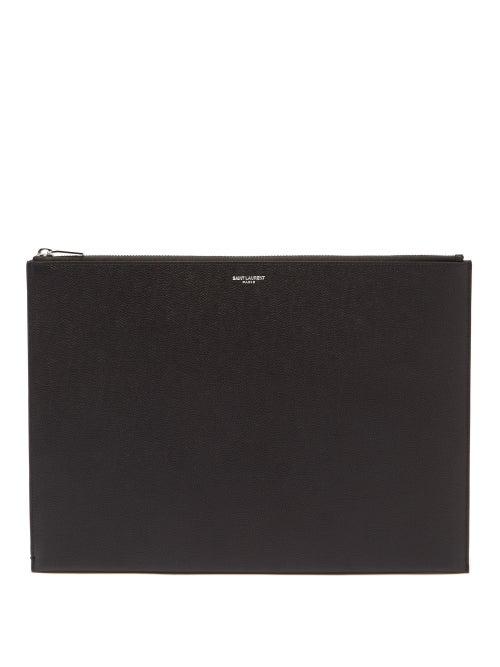 Matchesfashion.com Saint Laurent - Foiled-logo Grained-leather Pouch - Mens - Black