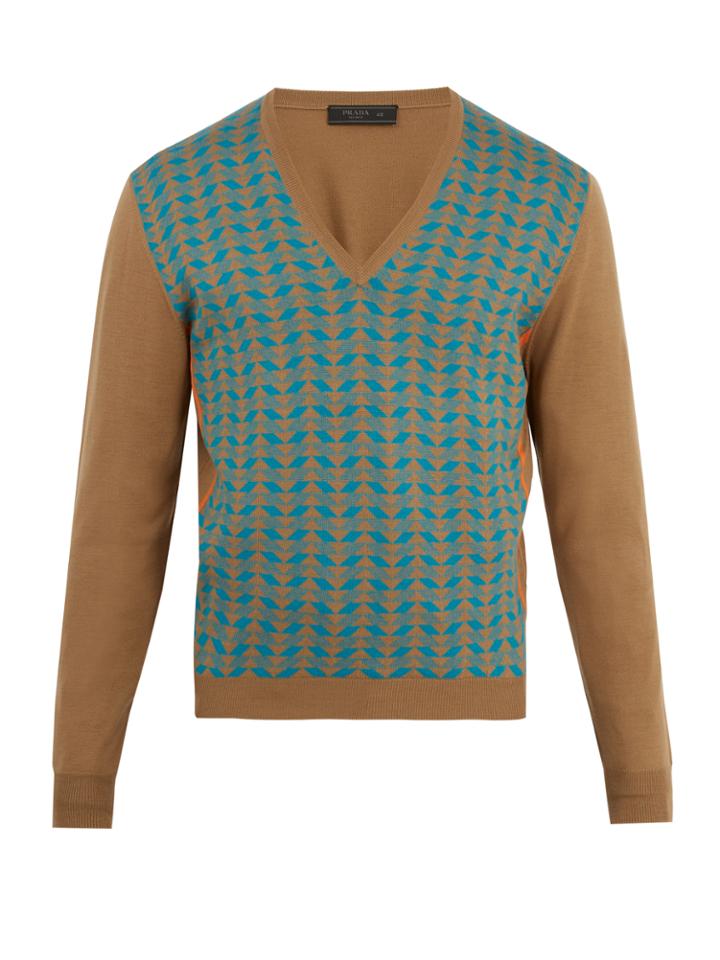 Prada V-neck Geometric-intarsia Wool Sweater