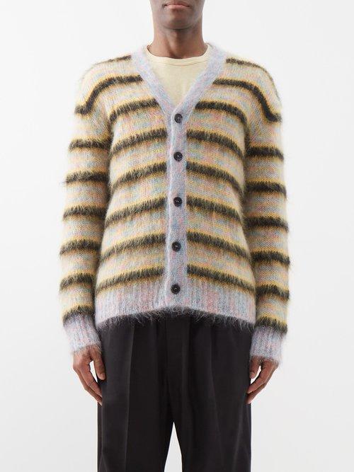 Marni - Striped V-neck Mohair-blend Cardigan - Mens - Yellow Multi