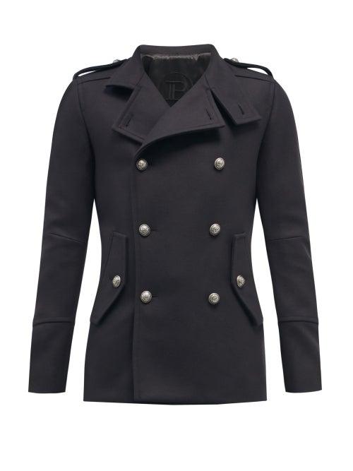 Mens Rtw Balmain - High-neck Wool-blend Twill Peacoat - Mens - Black