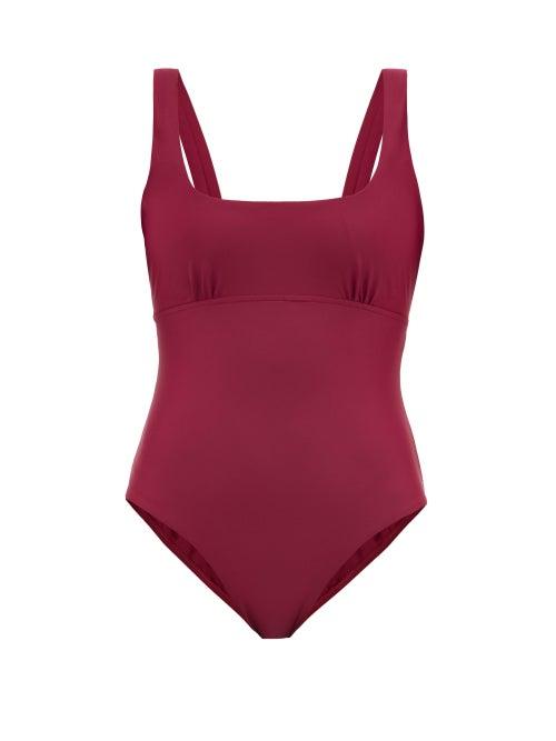 Matchesfashion.com Casa Raki - Carolina Square-neck Pebbled-effect Swimsuit - Womens - Burgundy