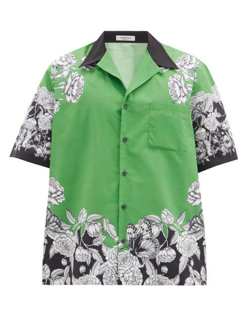 Mens Rtw Valentino - Floral-print Cotton-poplin Shirt - Mens - Green