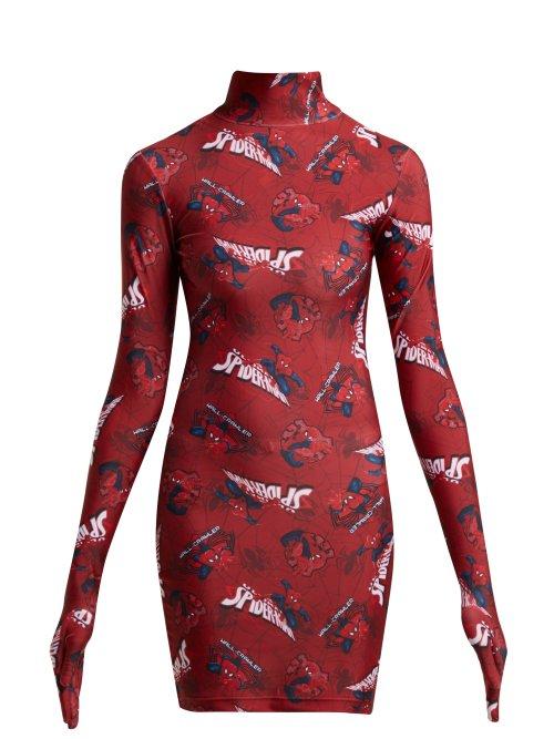 Matchesfashion.com Vetements - Spiderman Print Glove Sleeve Jersey Dress - Womens - Red