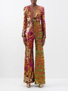 Halpern - V-neck Patterned Sequinned Jumpsuit - Womens - Pink Multi