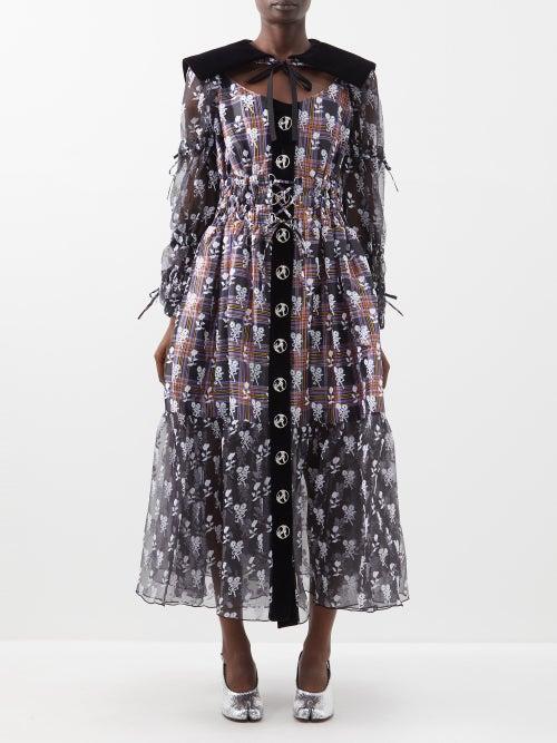 Chopova Lowena - Ice Angel Flocked-collar Taffeta Midi Dress - Womens - Black Multi