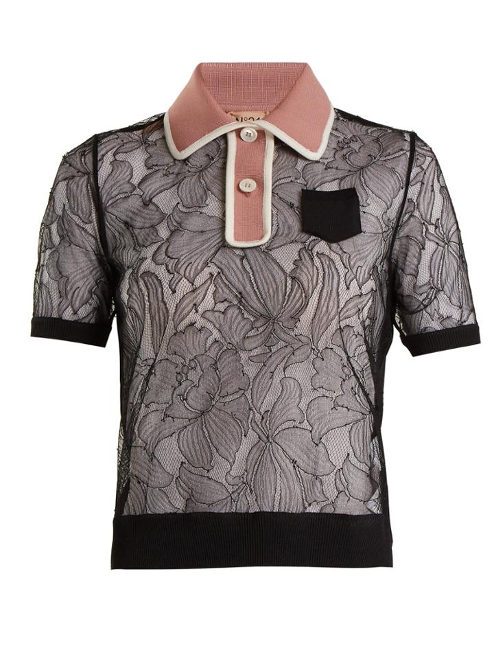 No. 21 Floral Lace-panel Stretch-knit Top