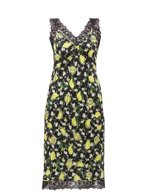 Matchesfashion.com Diane Von Furstenberg - Issey Lemon Print Lace Trim Silk Dress - Womens - Black Multi