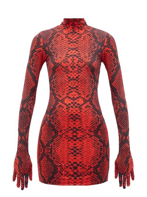Vetements - Glove-sleeved Python-print Jersey Mini Dress - Womens - Red Multi