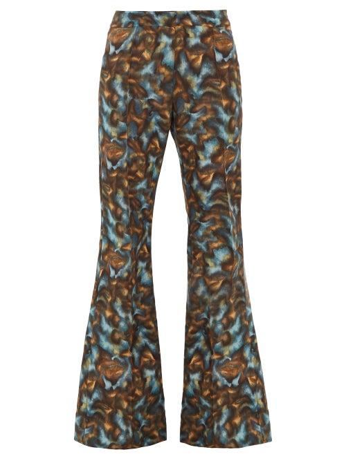 Matchesfashion.com Raey - Abstract Print Twill Slim Leg Flared Trousers - Womens - Navy Print