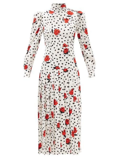 Alessandra Rich - High-neck Rose & Polka-dot Print Silk Dress - Womens - White Multi