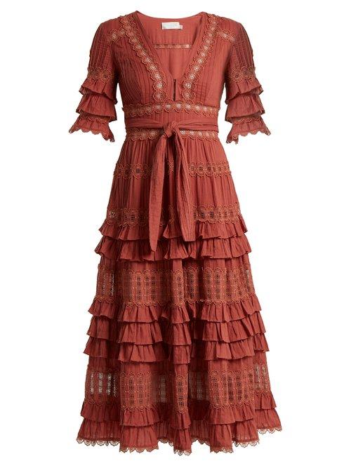 Matchesfashion.com Zimmermann - Corsair Deep V Neck Ruffled Cotton Midi Dress - Womens - Pink