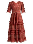 Matchesfashion.com Zimmermann - Corsair Deep V Neck Ruffled Cotton Midi Dress - Womens - Pink