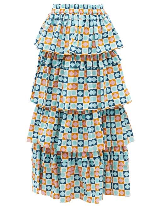 Ladies Beachwear La Doublej - Dolce Diamond Dots-print Tiered Cotton Skirt - Womens - Yellow Print