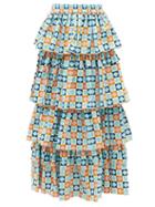 Ladies Beachwear La Doublej - Dolce Diamond Dots-print Tiered Cotton Skirt - Womens - Yellow Print