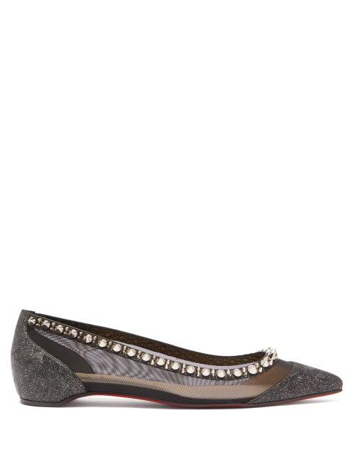 Matchesfashion.com Christian Louboutin - Galativi Spike-embellished Leather And Mesh Flats - Womens - Black Silver