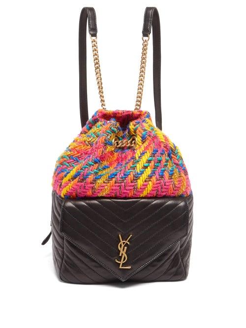Saint Laurent - Ysl-plaque Tweed And Leather Backpack - Womens - Pink Multi