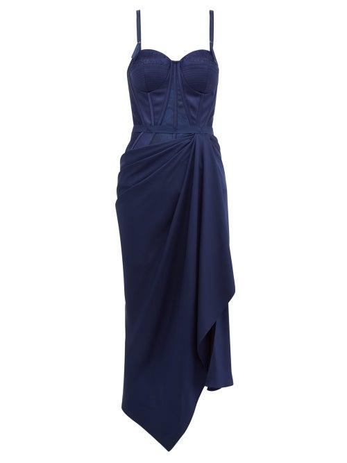 Matchesfashion.com Alexander Mcqueen - Corset Draped Satin Dress - Womens - Dark Blue