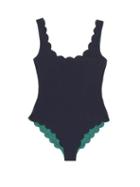 Matchesfashion.com Marysia - Palm Springs Reversible Scalloped-edge Swimsuit - Womens - Blue Multi