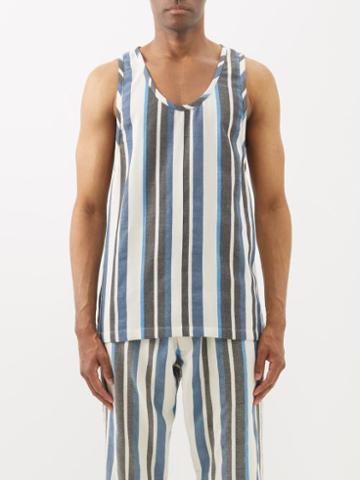 Marrakshi Life - Longline Striped Cotton Tank Top - Mens - Blue Multi