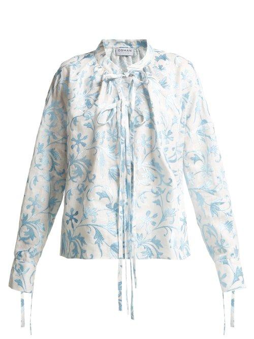 Matchesfashion.com Osman - Jacky Embroidered Linen Shirt - Womens - Blue Multi