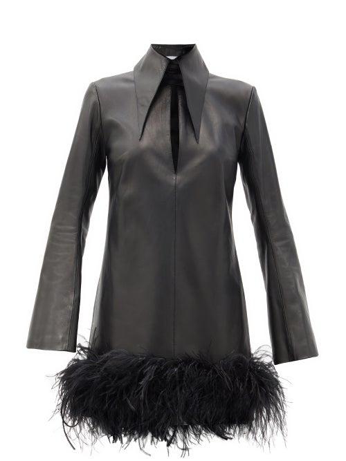 Matchesfashion.com 16arlington - Michelle Feather-trim Leather Mini Dress - Womens - Black
