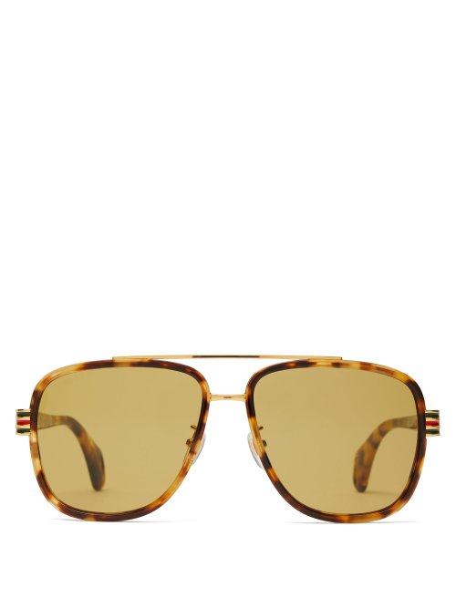 Matchesfashion.com Gucci - Web Striped Aviator Frame Acetate Sunglasses - Mens - Tortoiseshell