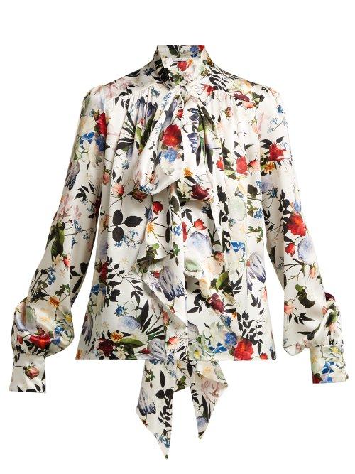 Matchesfashion.com Erdem - Lucien Floral Print Silk Satin Blouse - Womens - White Multi