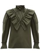 Matchesfashion.com Miu Miu - Ruffled High Neck Cotton Blouse - Womens - Dark Green