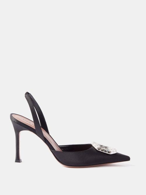 Amina Muaddi - Camelia 90 Crystal-brooch Satin Slingback Pumps - Womens - Black