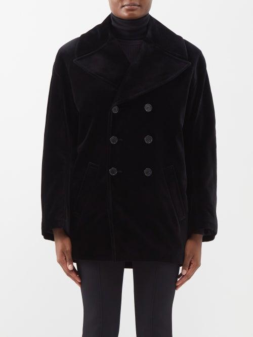 Saint Laurent - Crystal-logo Double-breasted Velvet Coat - Womens - Black