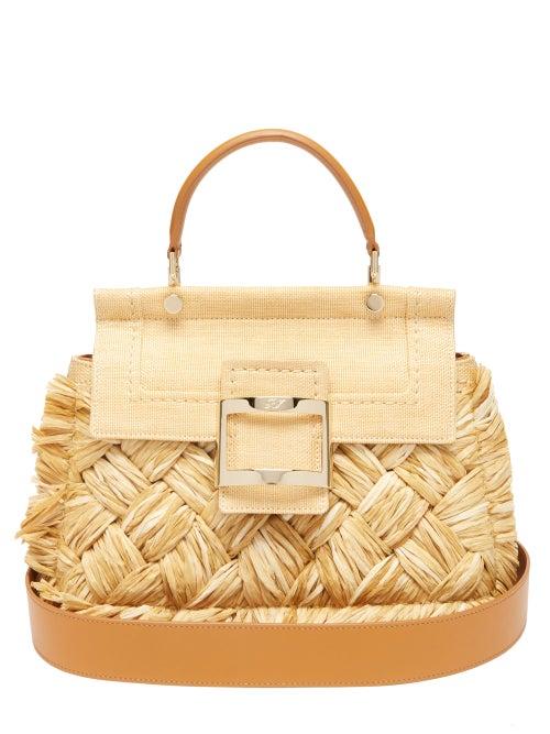 Roger Vivier - Viv Leather-trim Raffia-panel Canvas Bag - Womens - Beige