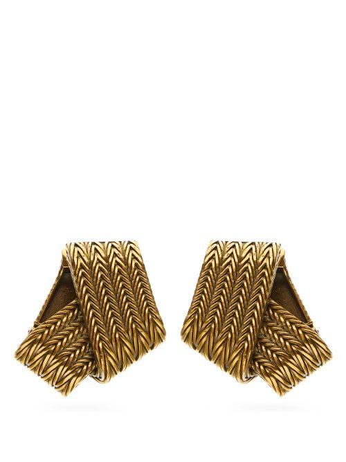 Matchesfashion.com Balenciaga - Mesh Engraved Folded Hoop Earrings - Womens - Gold