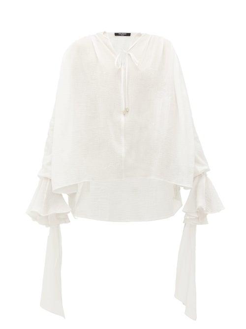 Matchesfashion.com Balmain - Gathered-cuff Cotton Blouse - Womens - Beige