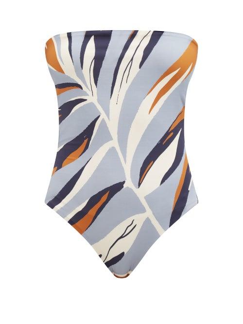 Ladies Beachwear Cala De La Cruz - Alison Strapless Foliage-print Swimsuit - Womens - Blue Multi