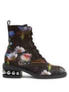 Matchesfashion.com Nicholas Kirkwood - Casati Floral Print Satin Lace Up Boots - Womens - Black Multi