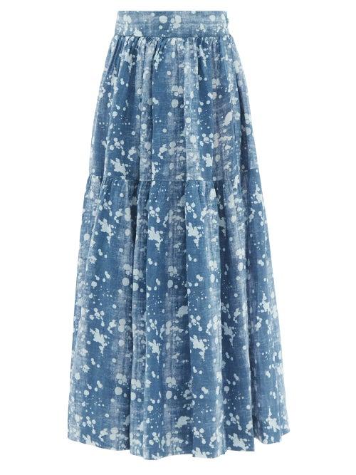 Ladies Beachwear Wiggy Kit - Indo Bleach Splatter-print Linen Maxi Skirt - Womens - Blue Multi