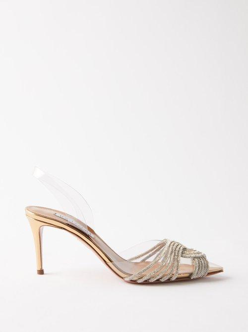 Aquazzura - Gatbsy Sling 75 Crystal-embellished Pvc Mules - Womens - Clear Gold