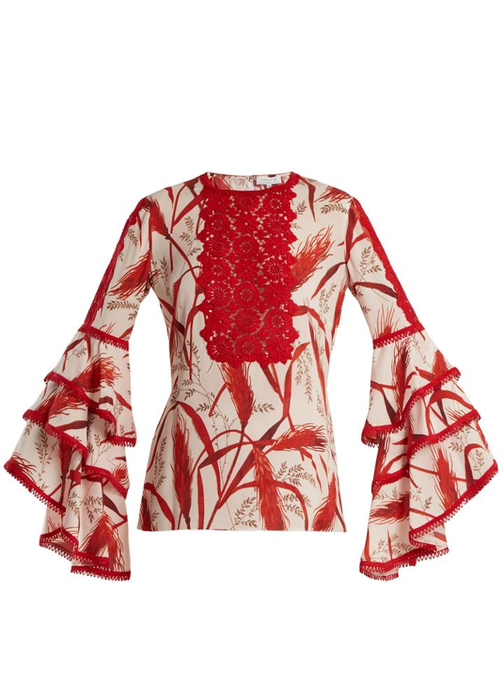 Andrew Gn Rye-print Lace-trimmed Silk-georgette Blouse