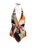 Matchesfashion.com Adriana Degreas - Tropical Print V Neck Knot Swimsuit - Womens - Black Multi