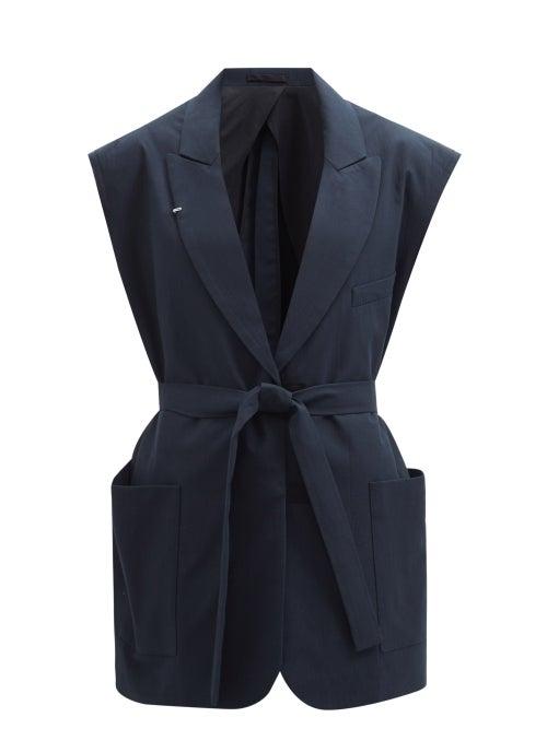 Raey - Sleeveless Slash-back Cotton Belted Jacket - Womens - Navy