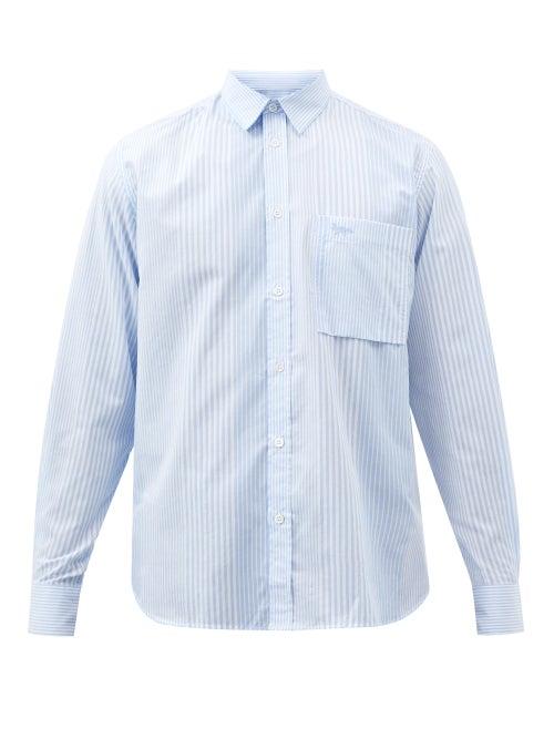 Maison Kitsun - Tonal Fox-patch Striped Cotton-poplin Shirt - Mens - Light Blue