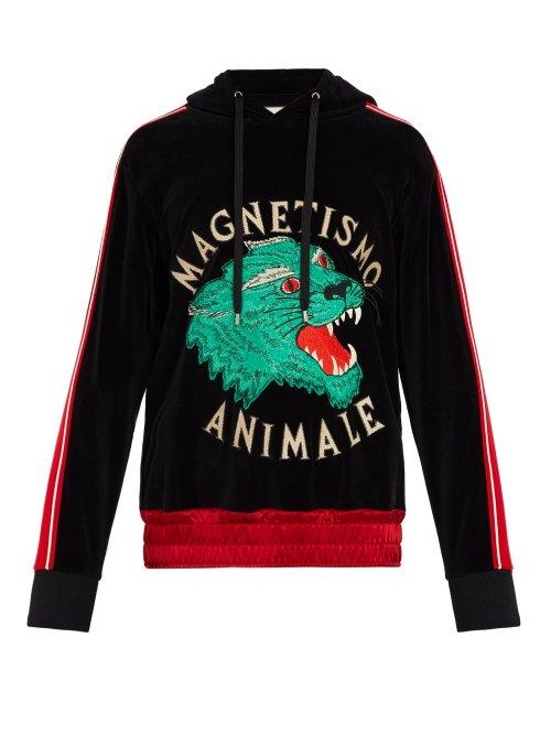 Matchesfashion.com Gucci - Tiger Appliqu Velvet Hooded Sweatshirt - Mens - Black Multi
