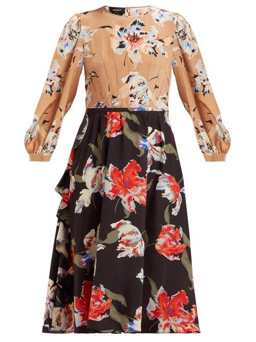 Matchesfashion.com Rochas - Floral Print Contrast Panel Silk Midi Dress - Womens - Black Multi