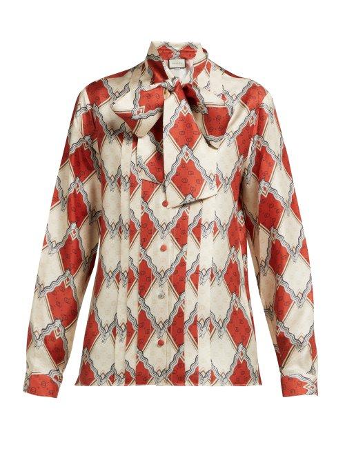 Matchesfashion.com Gucci - Snake Rhombus Print Silk Twill Blouse - Womens - Red Multi